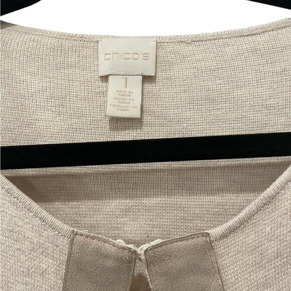 Chico’s Fringe Cardigan Neutral Tan Size M Cotton Blend Open Front EUC - Picture 3 of 7